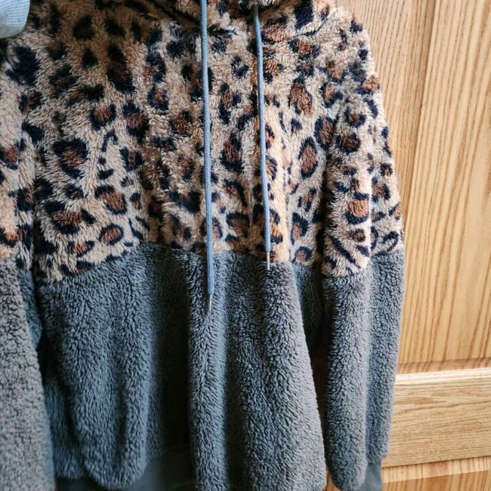 Leopard Print and Gray Fleece Hoodie